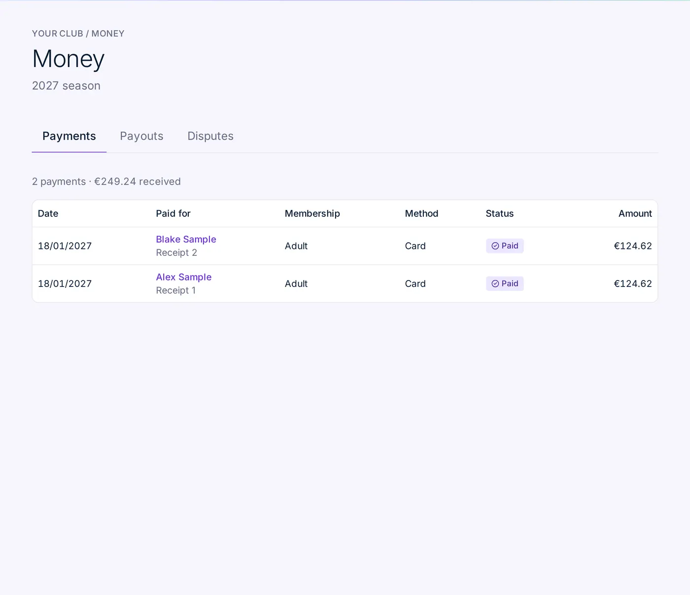 Sample Harriers money page listing card payments from Alex Sample and Blake Sample, both marked Paid.