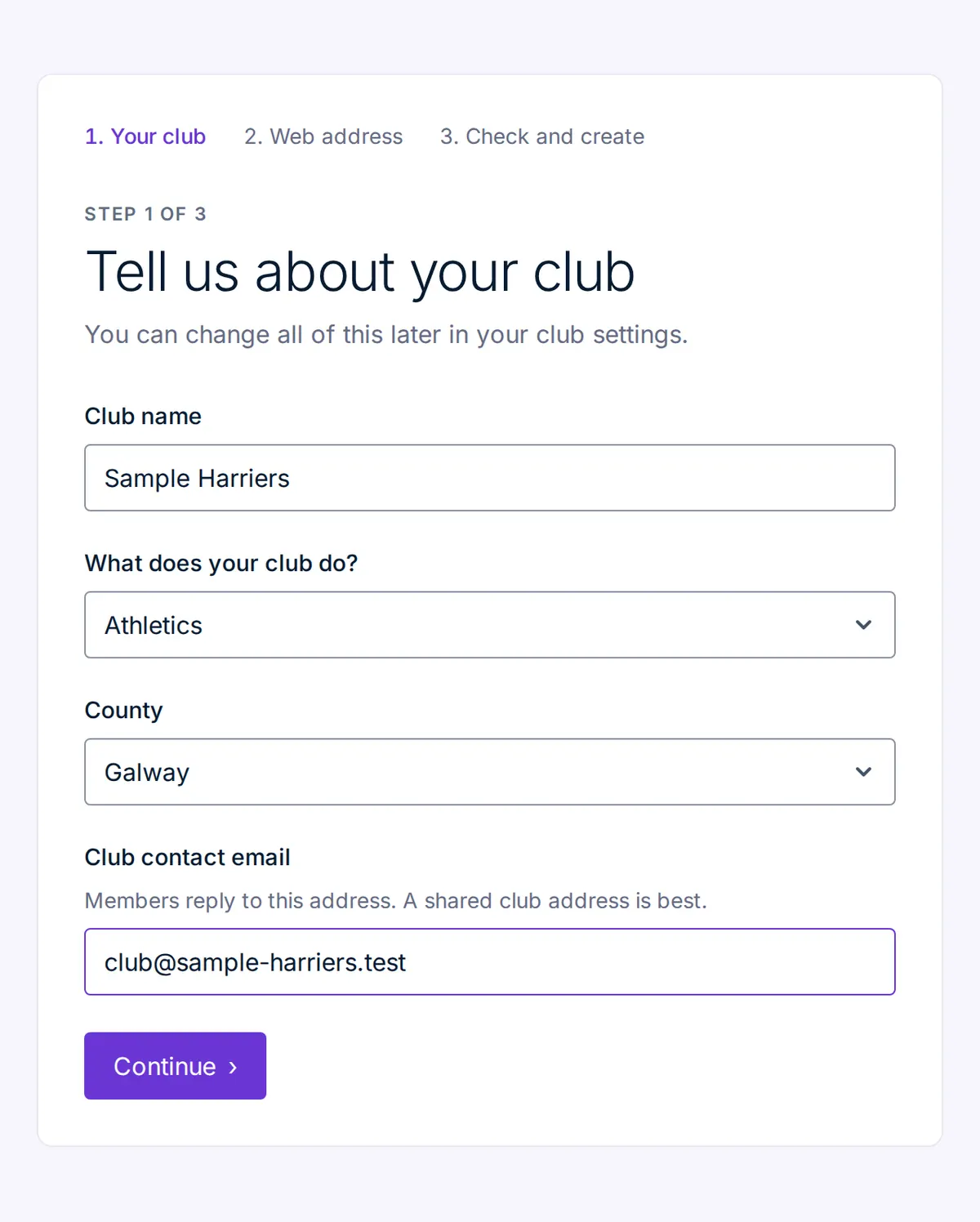 Create-club form for the fictional club Sample Harriers: Athletics, County Galway, contact email club@sample-harriers.test.