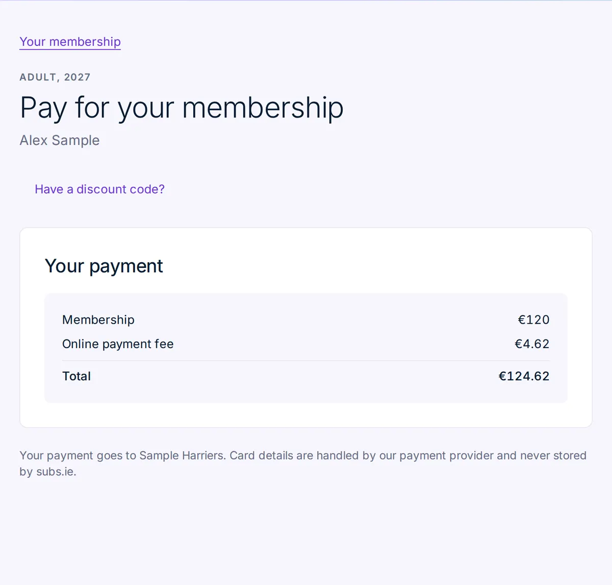 Pay page for Alex Sample at Sample Harriers, with the adult membership price, the online payment fee, and the total.